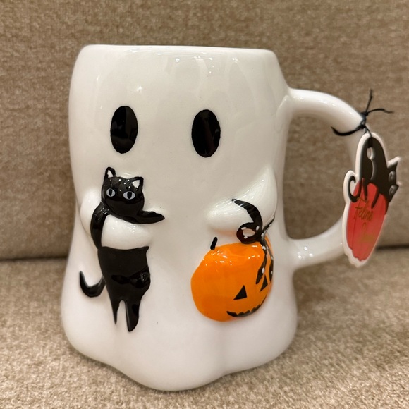 Ghost Holding Cat and Pumpkin Jack O Lantern Halloween Mug Brand New Never Used - Picture 1 of 4